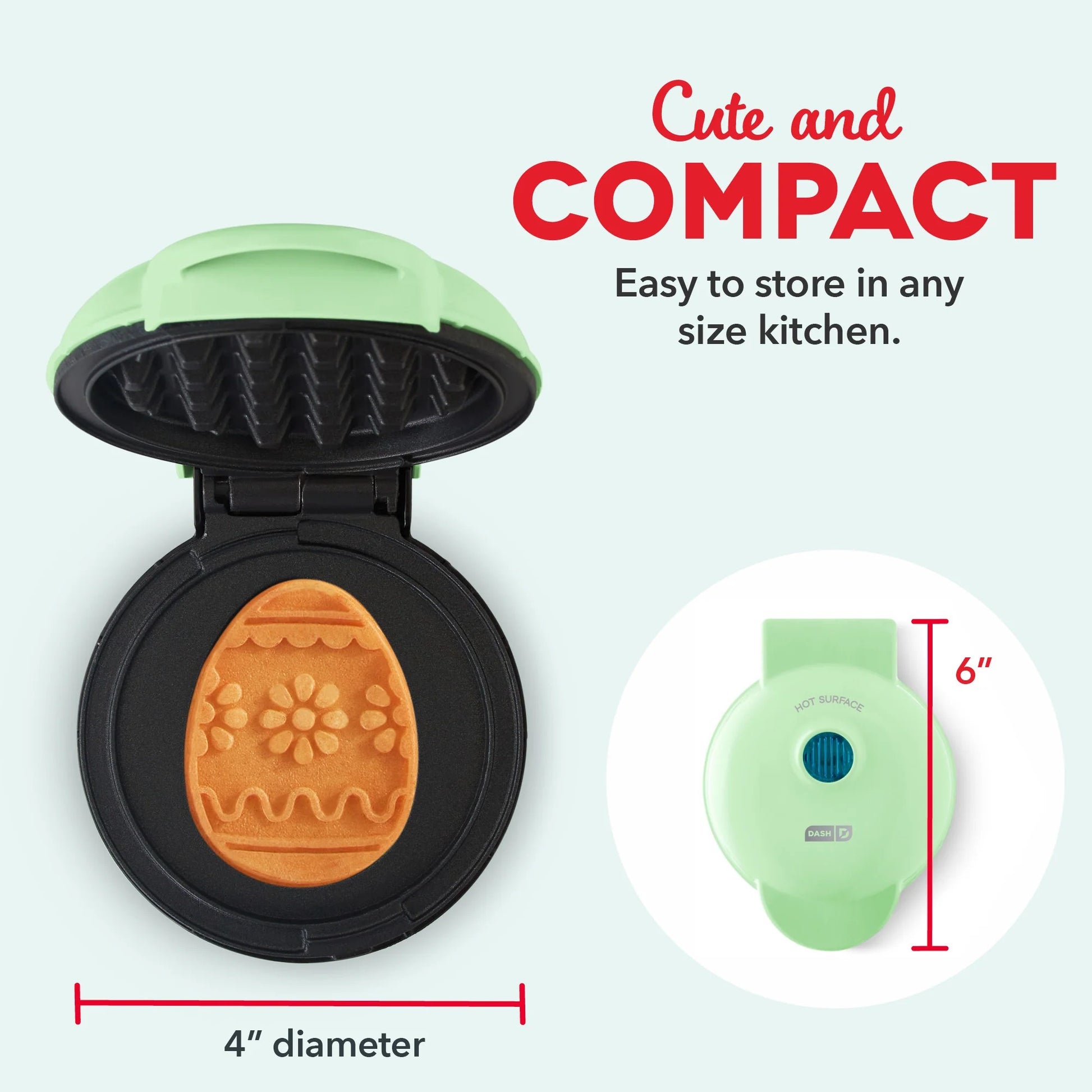 Green and black waffle maker with a cooked waffle inside, on a light blue background.