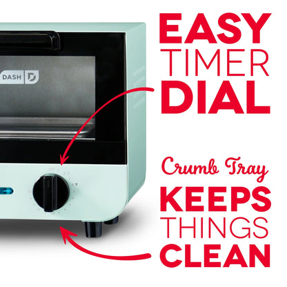 Small oven with 'Dash' brand logo, labeled 'Easy Timer Dial' and 'Crumbs Tray Keeps Things Clean'.