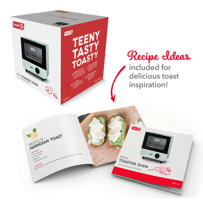 Mini toaster oven with recipe book and 'Teeny Tasty Toasty' packaging on a white background