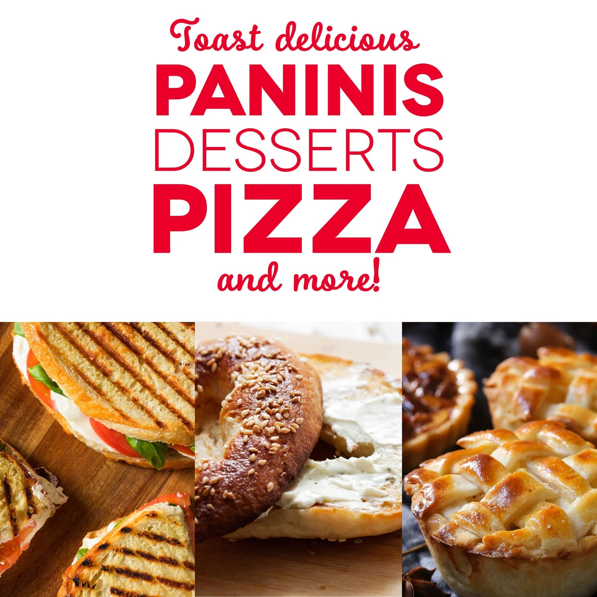 Promotional graphic for paninis, desserts, pizza, and more with images of sandwiches and pies.