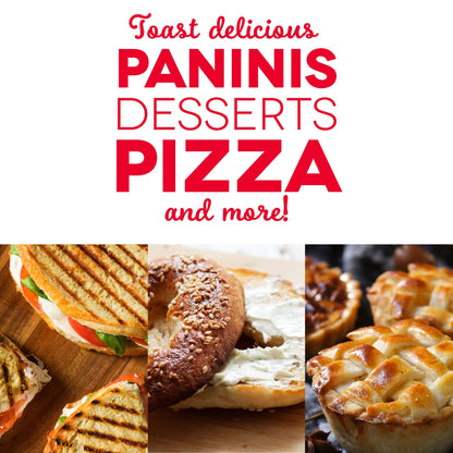 Promotional graphic for paninis, desserts, pizza, and more with images of sandwiches and pies.