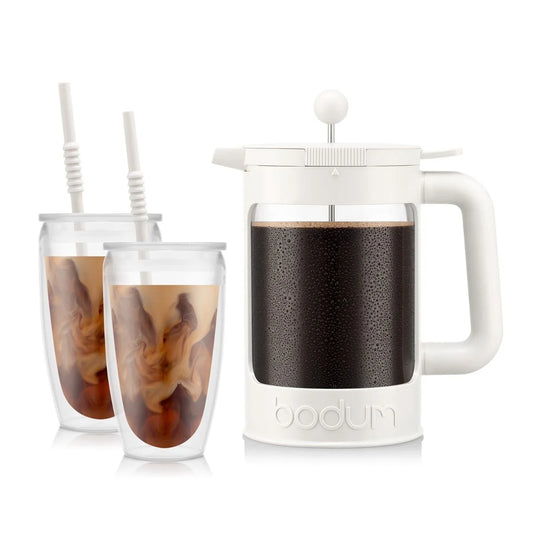 Bodum coffee press with two glasses of iced coffee on a white background