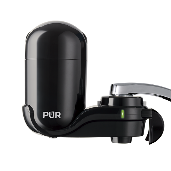 Black PUR water faucet filter on a white background