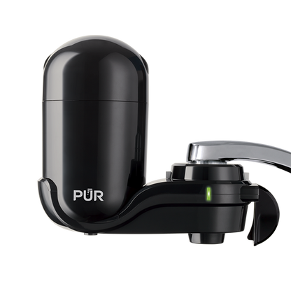 Black PUR water faucet filter on a white background