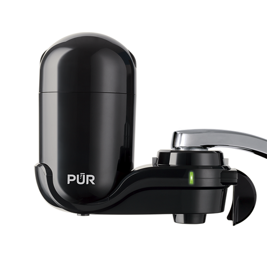 Black PUR water faucet filter on a white background