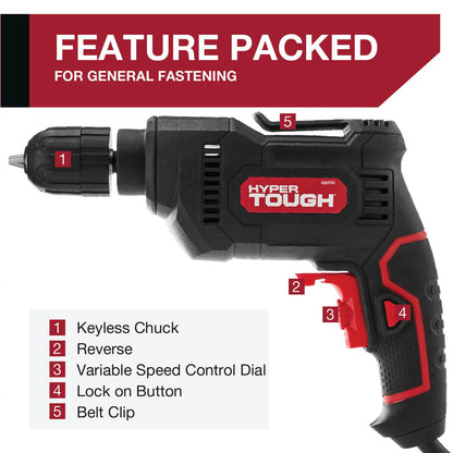 Hyper Tough 5-Amp 3/8-Inch Corded Drill | Powerful Variable Speed Electric Drill for DIY Projects