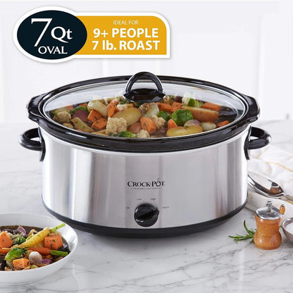 Crock-Pot with vegetables inside on a marble surface, labeled as 7 quart oval and ideal for large roasts.