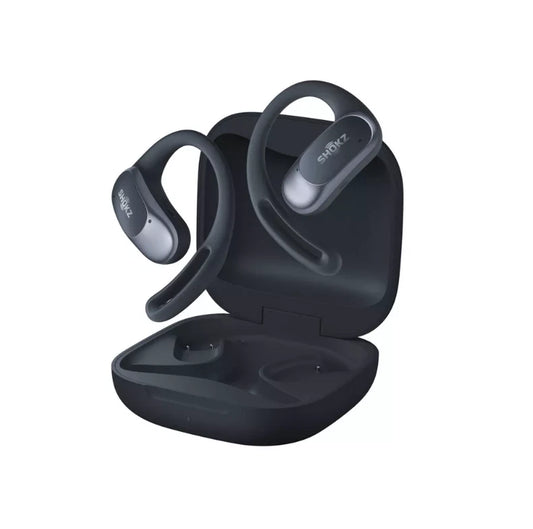 Black wireless earbuds with charging case on a white background