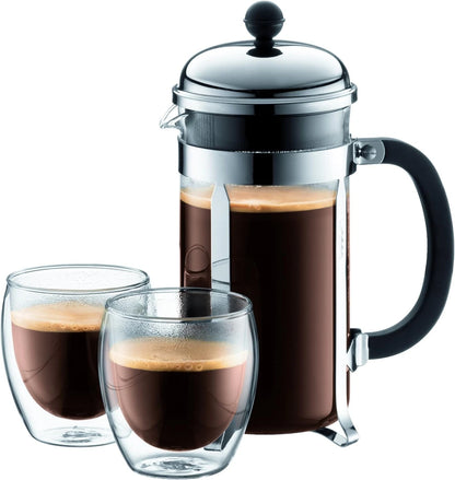 French press with two glasses of coffee on a white background