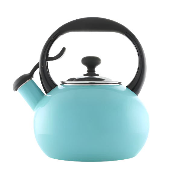 Turquoise kettle with black handle and lid knob on a white background