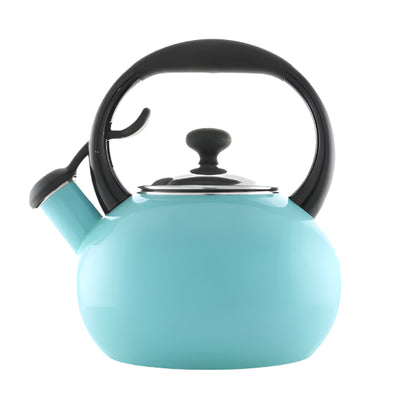 Turquoise kettle with black handle and lid knob on a white background
