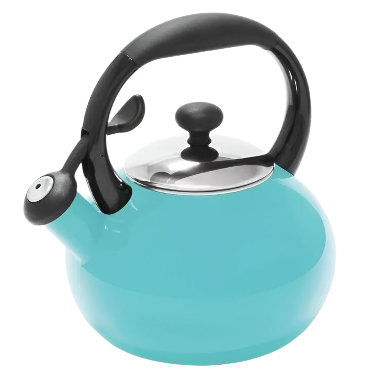 Turquoise kettle with black handle and lid knob on a white background